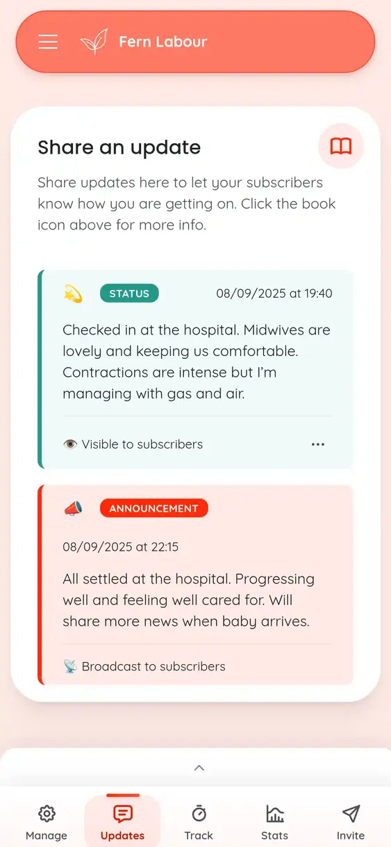 Family notification dashboard showing real-time labour updates